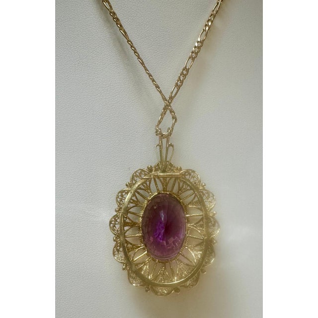 23 Carat Oval Amethyst Pendant Necklace 18 Karat Yellow Gold Vintage For Sale - Image 11 of 18