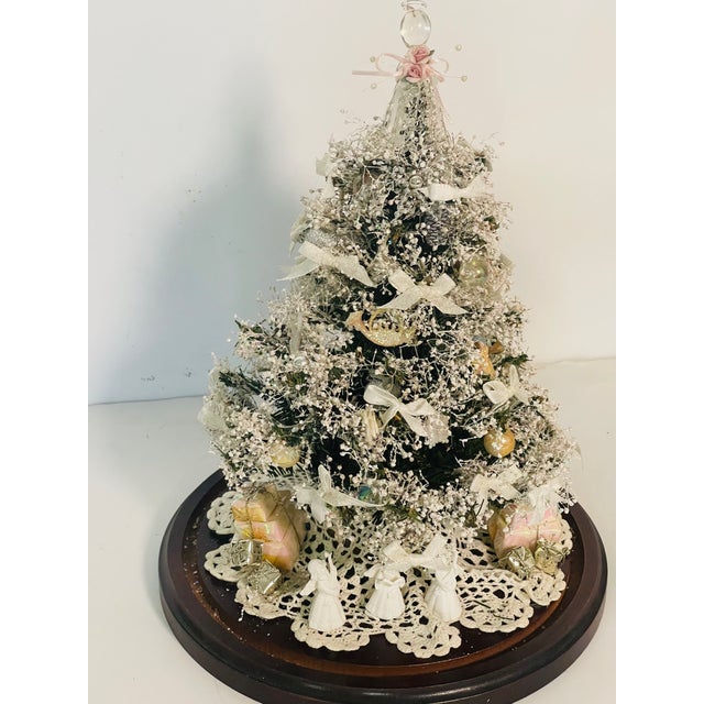 Vintage Artisan Mini Christmas Tree W Angels Under Glass Dome For Sale - Image 4 of 8