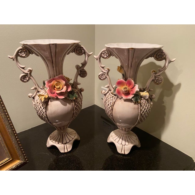 Italian Vintage Capodimonte Vases with Flowers - a Pair For Sale - Image 3 of 8