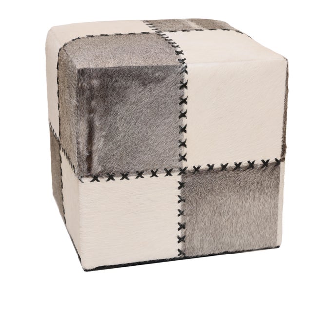 Charcoal Handmade Cowhide Leather Patchwork Ottoman Pouf With Cross Stitch Detail 18x18x18 In For Sale - Image 8 of 10