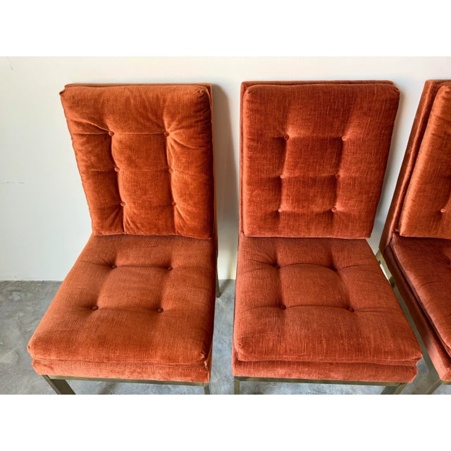 Set of Four Mid- Century Brass & Orange Velvet Chenille Dining Chairs by Milo Baughman for Dia For Sale In Miami - Image 6 of 12