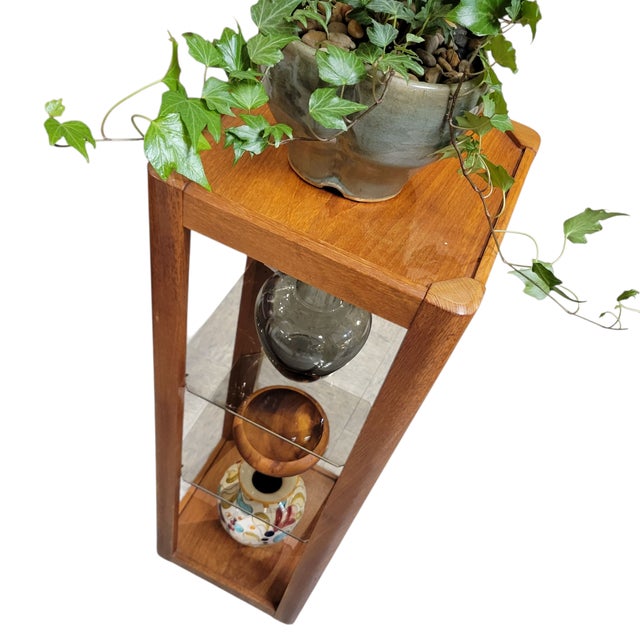 Danish Modern C1970s Teak Pillar Plant Stand Uldum Mobler Denmark With Smoke Gray Glass Shelving For Sale - Image 9 of 16