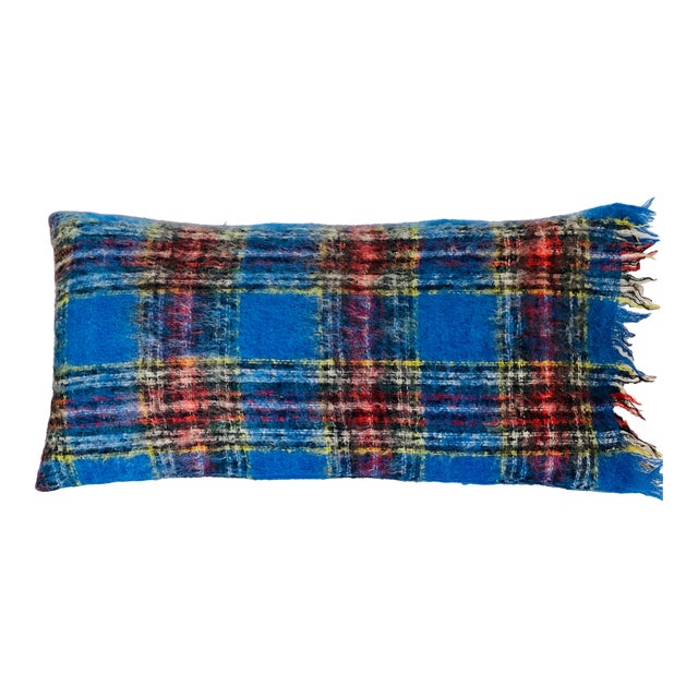 1970s Blue Plaid Scotland Mohair Pillow For Sale