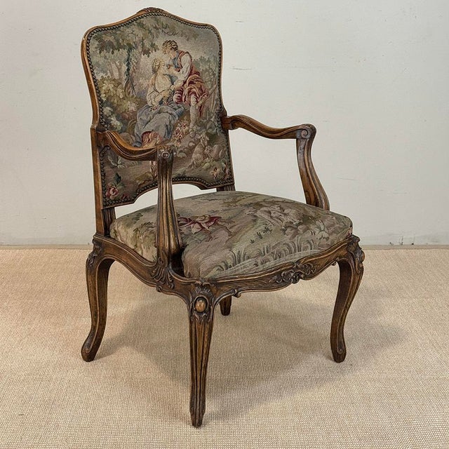 Early 20th Century Antique French Louis XV Walnut Needlepoint Armchair ~ Fauteuil For Sale - Image 5 of 18