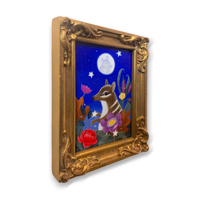 Children's Peanut Meets the Mouse in the Moon by Gina Matarazzo | Oil on Arches watercolor paper A nocturnal scene with a small animal among flowers and a moon. For Sale - Image 3 of 3