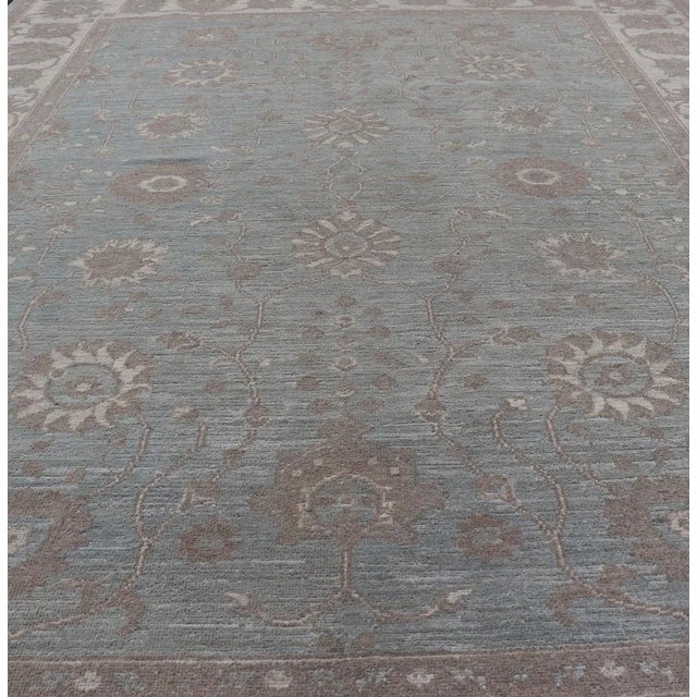Shabby Chic Oushak by Keivan Woven Arts With Floral Design on Green-Blue Field For Sale - Image 3 of 9