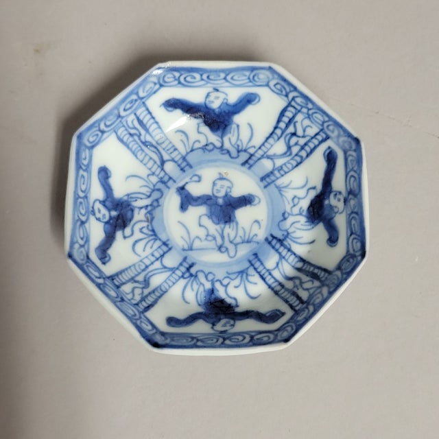 1900 - 1909 Chinese Blue and White Porcelain Cup and Saucer, Boys at Play Motif, C. 1900 For Sale - Image 5 of 7