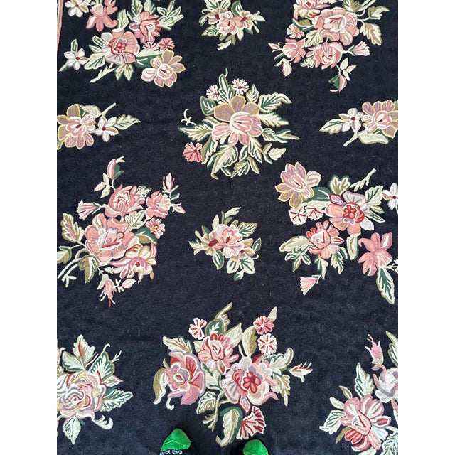 Hand Knotted Area Rug With Soft Pink & Green Flowers Against Black For Sale In Philadelphia - Image 6 of 13