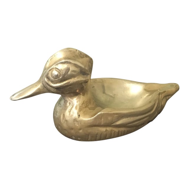 Mid-Century Modern Solid Brass Wood Duck Ashtray For Sale