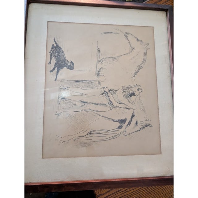 Figurative 1974 Signed & Numbered Pencil Sketch | Woman With Horses & Dog, Framed For Sale - Image 3 of 6