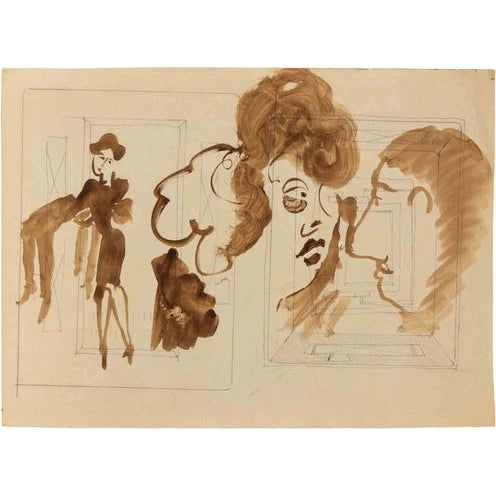 Modern Mino Maccari, Figures, Drawing in Watercolor and Pencil, 1950s For Sale - Image 3 of 3