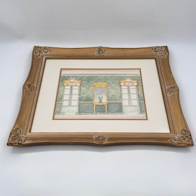 Original European interior architecture rendering executed in watercolor, depicting an elegant neoclassical room with...
