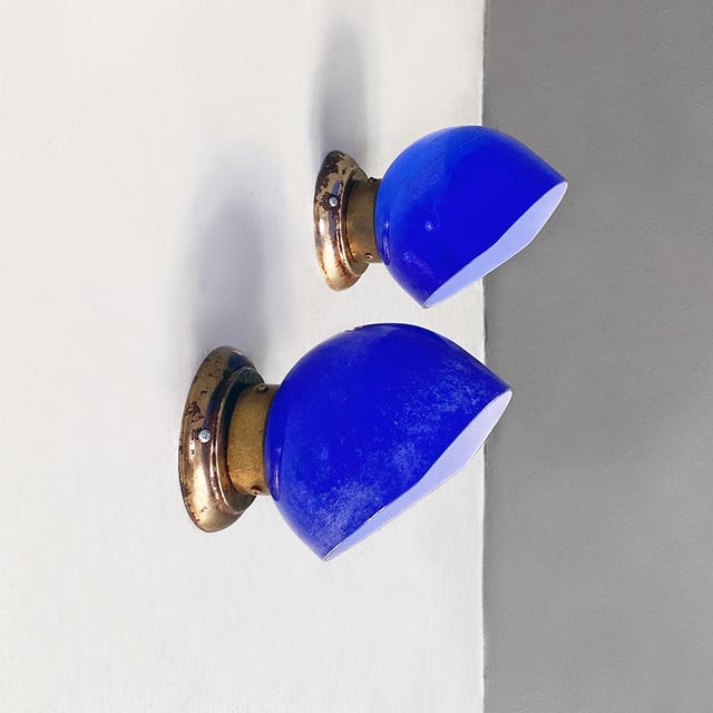 Italian Blue and White Glass & Sheet Metal Wall Light, 1930s, Set of 3 For Sale - Image 12 of 15