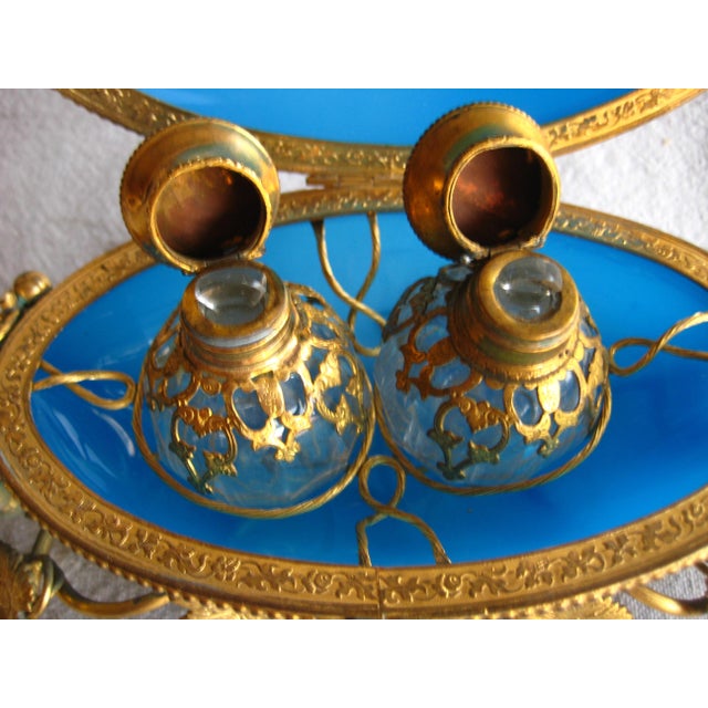 French Large Bleu Opaline Egg Box With Perfume Bottles View of Paris 19 Century For Sale - Image 9 of 12