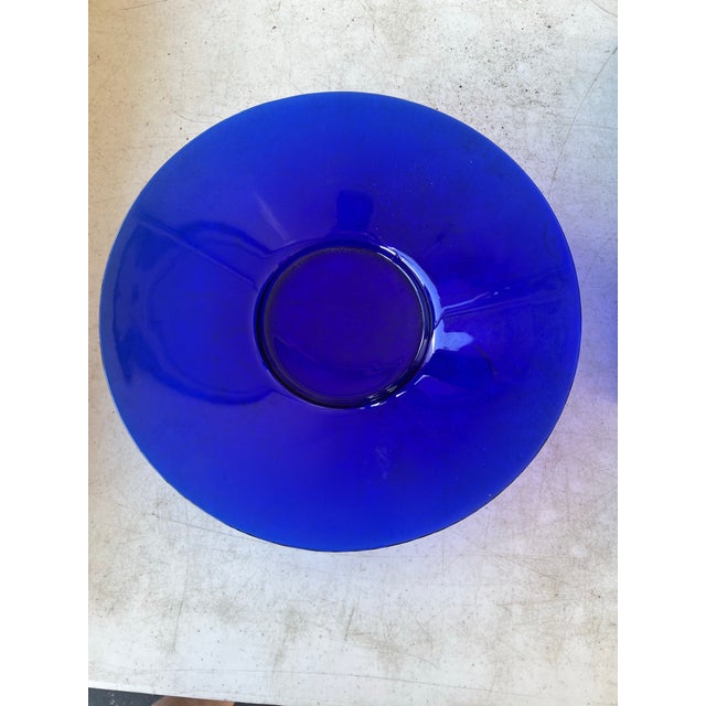 Large 13.25 inches round footed shallow bowl measures 2.75 inches tall. Dark deep cobalt blue color glass platter or...