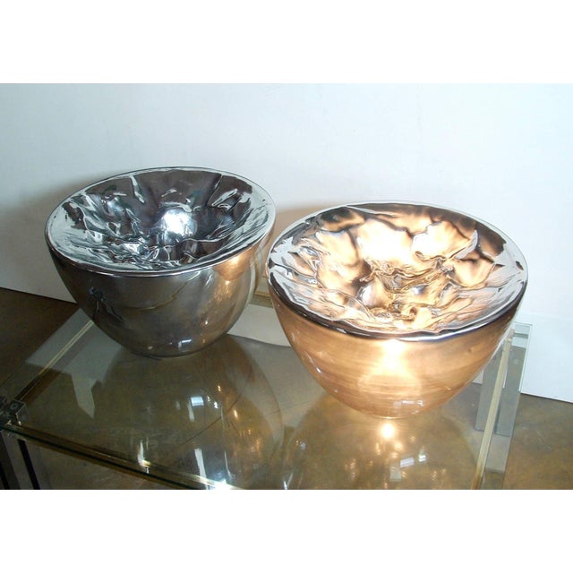 Modern Italian Large Modern Ruffled Silver Glass Bowls Lamps - A Pair For Sale - Image 3 of 9