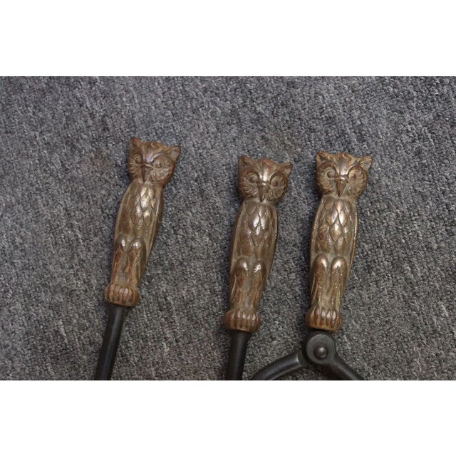 Early 20th Century Iron Fire Tool Set With Cast Brass Owl Form Handles For Sale - Image 13 of 17