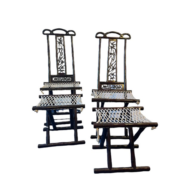 Antique Hand-Crafted Asian Bamboo Folding Chairs With Stools- 4 Pieces For Sale - Image 13 of 13