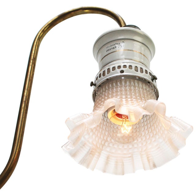 German Holophane Glass Brass and Enamel Converted Gas Wall Lamp, 1900s For Sale - Image 3 of 6