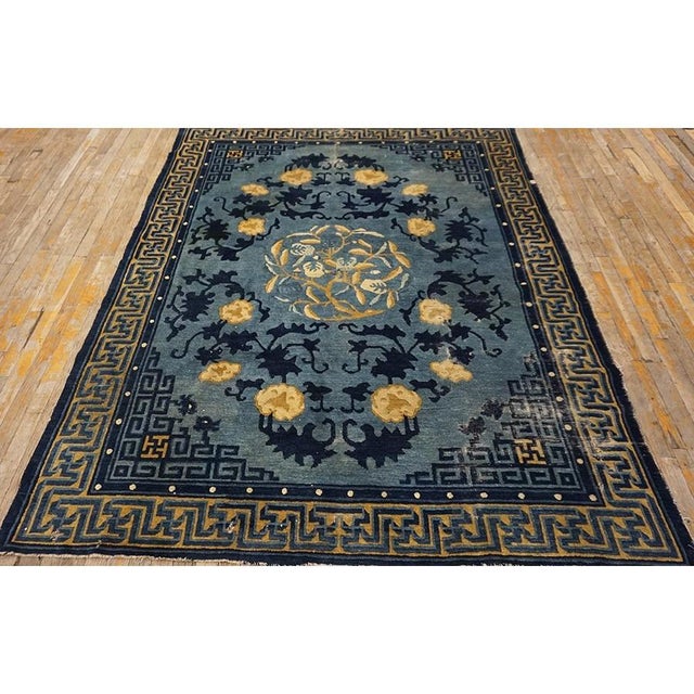 Chinese Small Scatter Size Blue Knotted Rectangle Wool - Peking Antique 1880s Rug, Circa Date: 1880s. This exceptional...