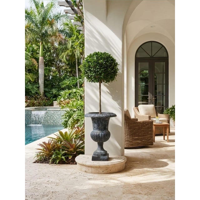 Classic Neoclassical Cast Iron Garden Urn With Distressed Bronze Finish For Sale - Image 10 of 12