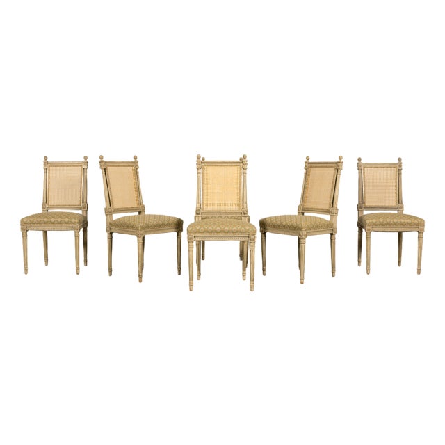 Set of Six Late 19th Century French Louis XVI Style Painted Cane Back Dining Chairs For Sale