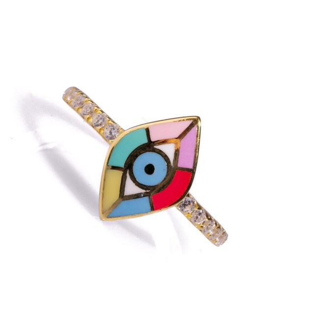 Contemporary Minimalist Colorful Enamel Evil Eye Diamond Band Cocktail Ring, Adjustable Size, One Size Fits Most For Sale - Image 3 of 6