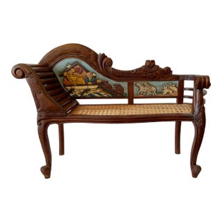 1980s Children’s Hand Carved Victorian Noah’s Arc Themed Cane Bottom Bench For Sale