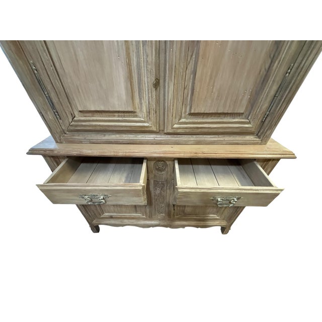 Wood French Provincial Bleached Oak Buffet À Deux Corps Cabinet With Carved Fruit Basket Doors For Sale - Image 7 of 12