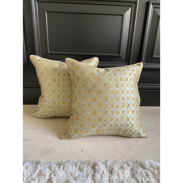 Designer Mid-Century Style Pillows in Olive Green on Ice Blue - A Pair For Sale - Image 10 of 10