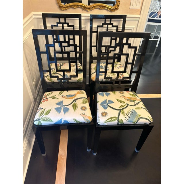 Hollywood Regency Black Lacquered Fretwork Dining Chairs Attributed to Jean Claude Mahey for Roche Bobois - Set of 4 For Sale - Image 3 of 9