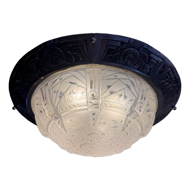 Art Deco A La Nuit Étoilée Ceiling Light in Pressed Molded Glass and Nickel-Plated Bronze by Müller Frères Lunéville, 1930 For Sale