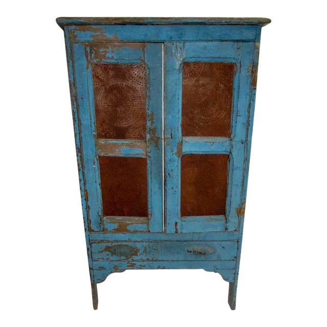 19th Century American Primitive Southern Pie Safe With Distressed Blue Paint For Sale