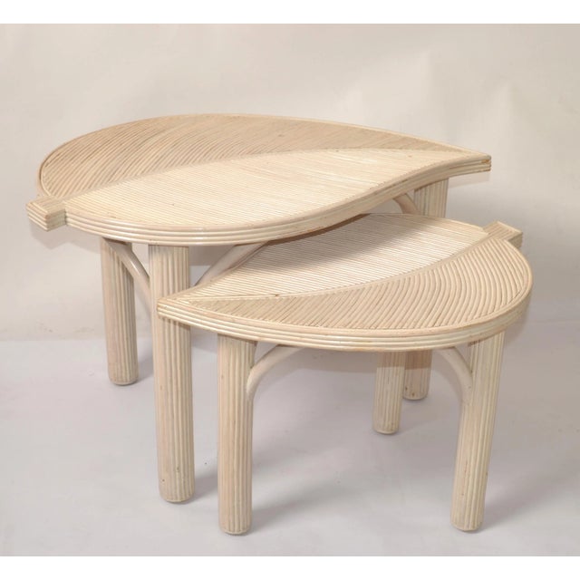 Hollywood Regency 1990s Hollywood Regency Two Decorative Leaf Shaped Bamboo and Pencil Reed Side Tables - a Pair For Sale - Image 3 of 12