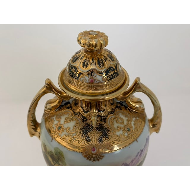 Ceramic Antique Nippon Hand-Painted Scenic Covered Urn With Gilt & Jeweled Enamel, C. 1900 For Sale - Image 7 of 18
