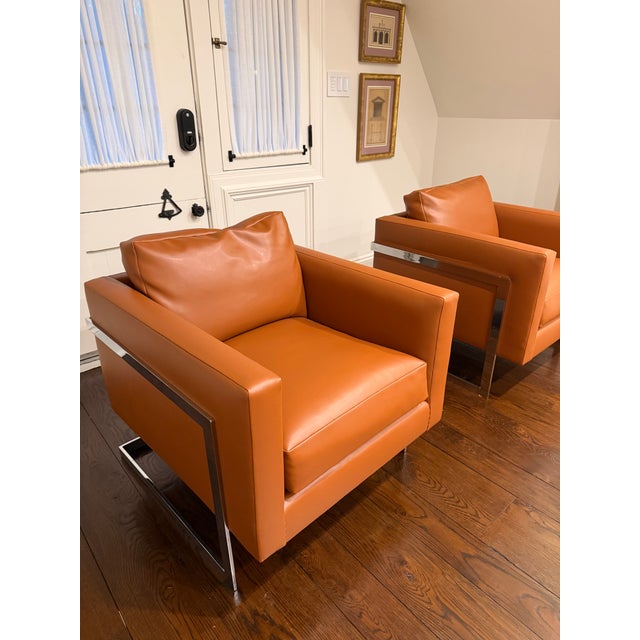 1980s 1980s Pair of Cognac Leather and Chrome Lounge Chairs Attributed to Milo Baughman For Sale - Image 5 of 5