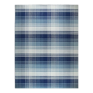 12x15 Sophisticated Elegant Blue Large Scale Plaid Geometric Flatweave Wool Rug For Sale