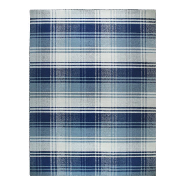12x15 Sophisticated Elegant Blue Large Scale Plaid Geometric Flatweave Wool Rug For Sale
