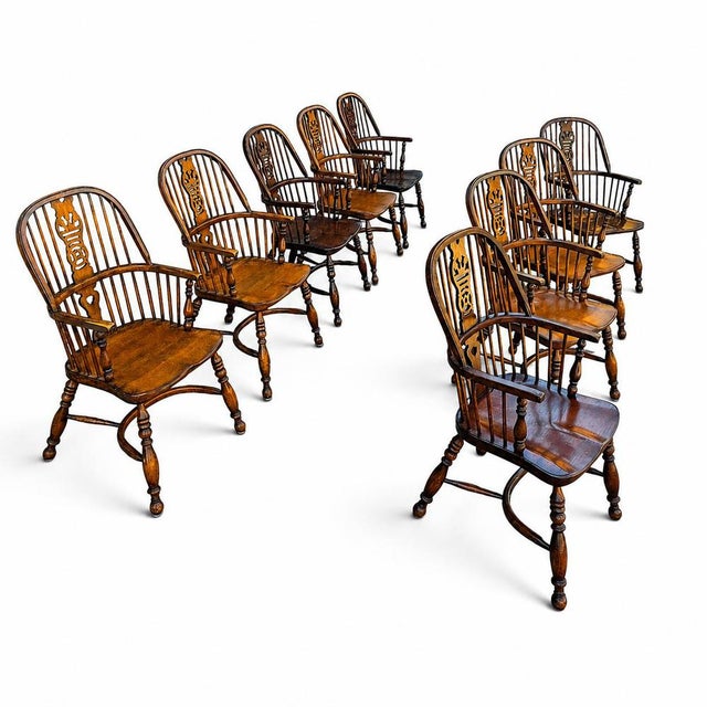 Brown Vintage Oak Wheelback Windsor Armchairs, 1980s, Set of 9 For Sale - Image 8 of 18