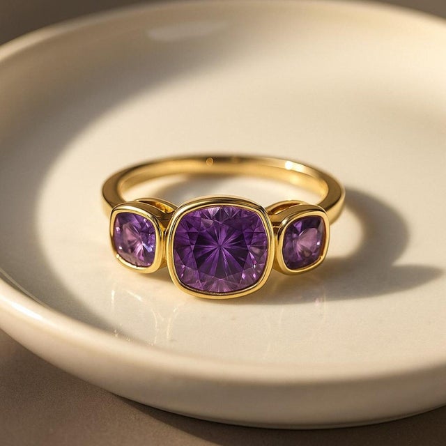 Cushion Amethyst Trio Ring in Gold Bold yet refined, this ring features a striking trio of natural amethyst gemstones set...