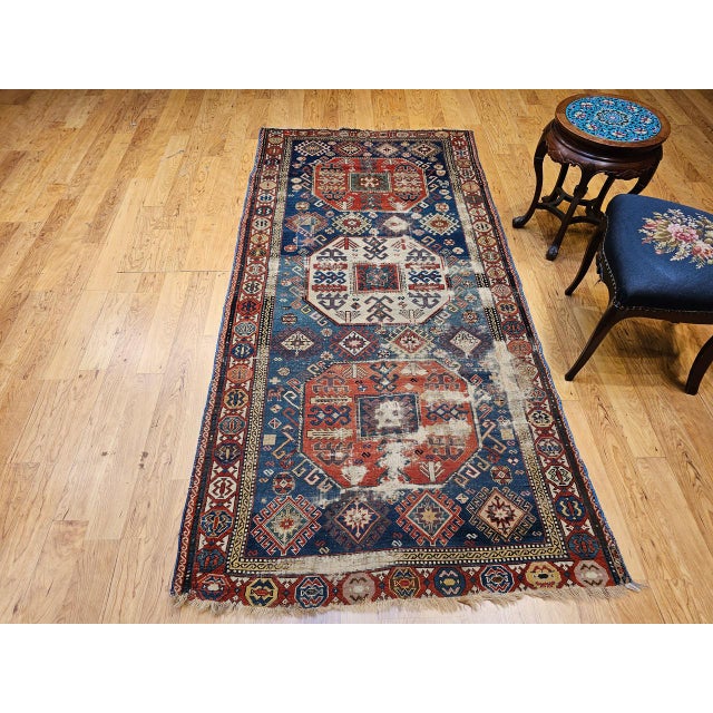 Shabby Chic Antique Caucasian Kazak Rug, Medallion Pattern, Hand-Knotted Wool, Blue & Red, 4' x 8' For Sale - Image 3 of 16