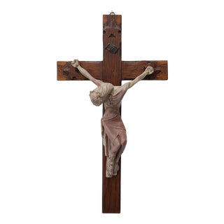 Belgian Wooden Crucifix with Painted Plaster Corpus and Metal Inri Plaque, 1920 For Sale
