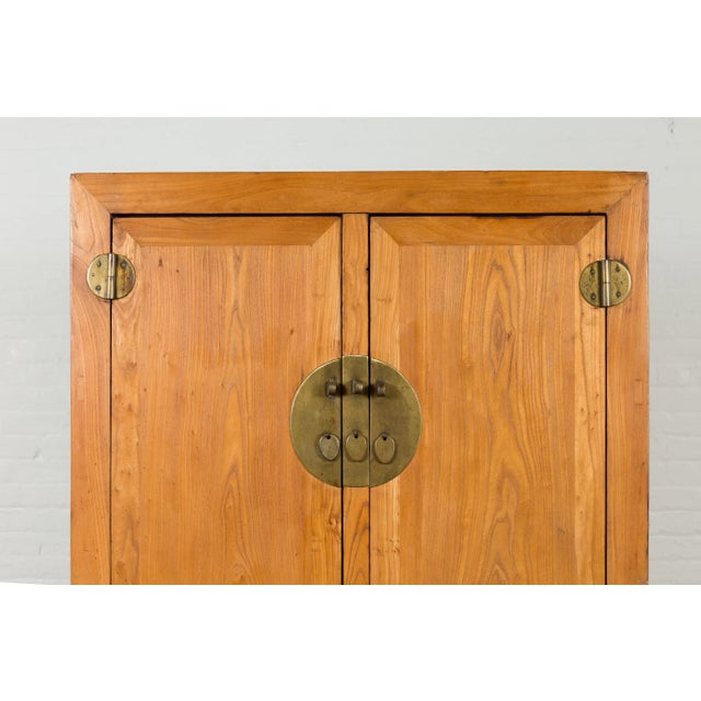 Wood Chinese Vintage Elmwood Wedding Cabinet with Carved Apron and Hidden Drawers For Sale - Image 7 of 13