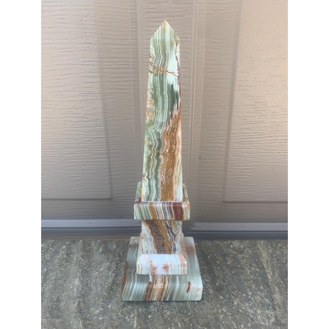 Vintage Neoclassical Solid Marble Onyx Green and Brown Obelisk For Sale - Image 4 of 11