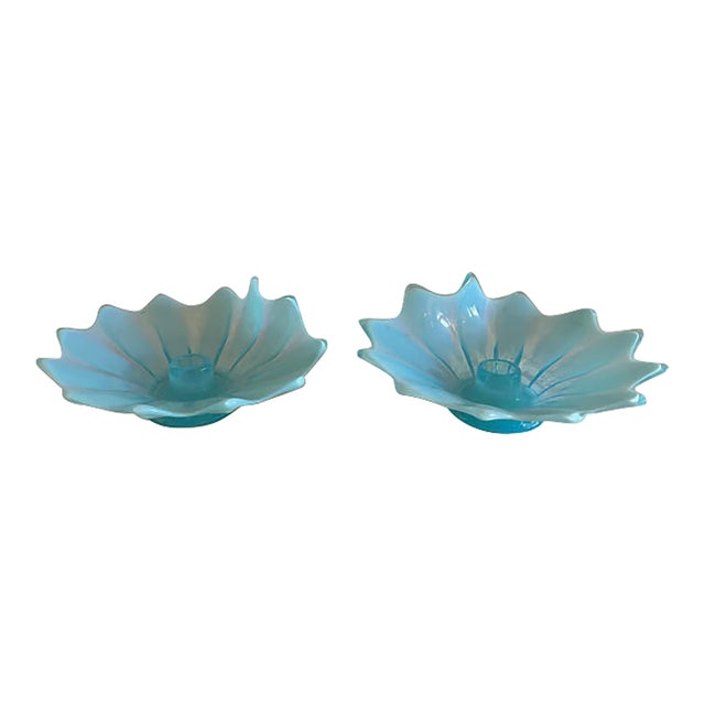 Vintage Pair Fostoria Heirloom Opalescent Blue Candle Holders For Sale