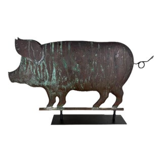 Antique Copper Pig Folk Art Weathervane on Custom Iron Stand For Sale