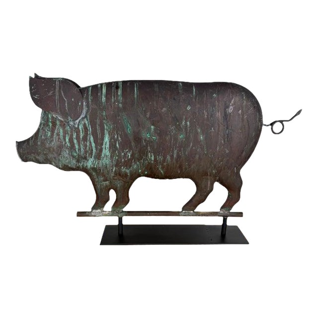 Antique Copper Pig Folk Art Weathervane on Custom Iron Stand For Sale