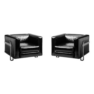 Italian Club Chairs in Black Vinyl and Steel by Luigi Caccia Dominioni for Azucena, 1960s, Set of 2 For Sale