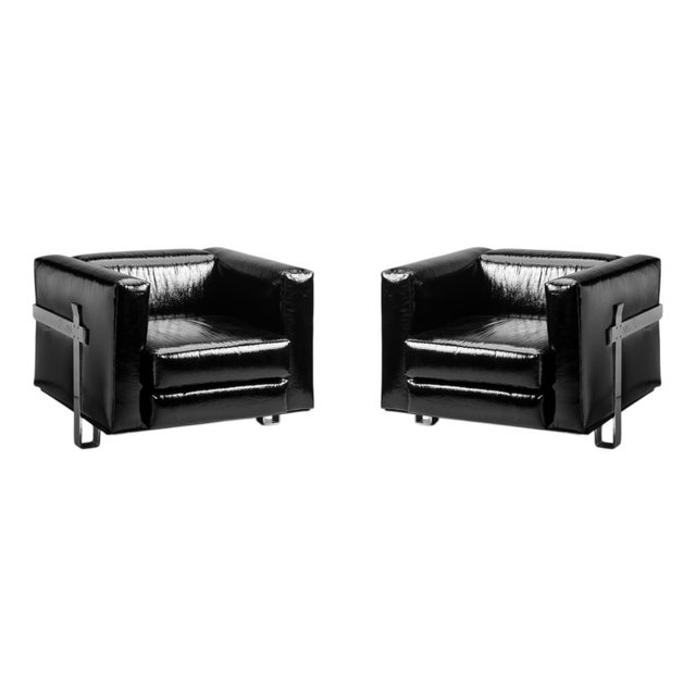 Italian Club Chairs in Black Vinyl and Steel by Luigi Caccia Dominioni for Azucena, 1960s, Set of 2 For Sale
