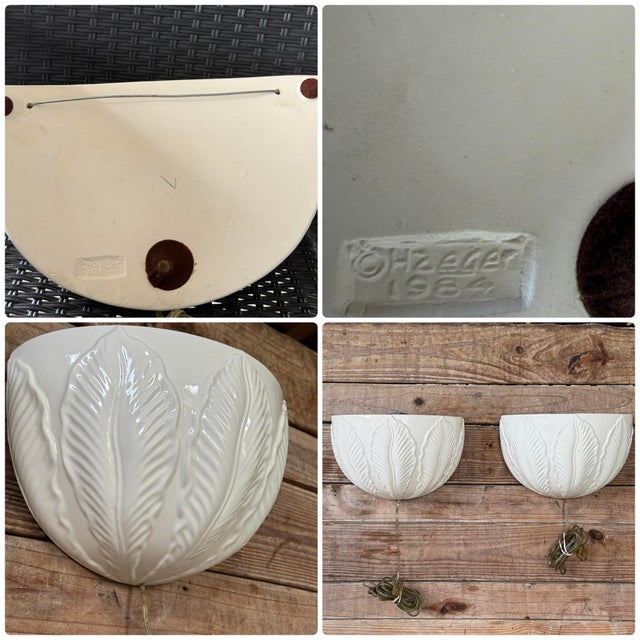Vintage Coastal Regency Glazed Ceramic Palm Leaf Wall Sconces by Haeger-Pair For Sale - Image 12 of 12